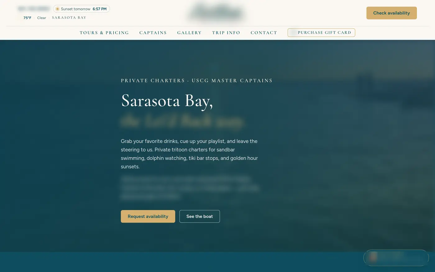 Charter booking site: private Sarasota Bay charters with Check availability and Request availability buttons