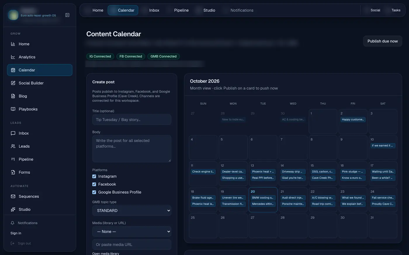 Shop CRM content calendar: a month of planned posts, with Instagram, Facebook and Google Business Profile channels