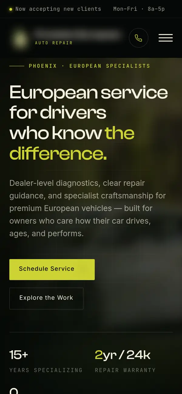 The shop's website on a phone: European specialists in Phoenix, with a Schedule Service button