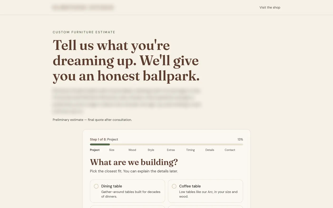 Custom furniture estimate tool, step 1 of 8: What are we building?
