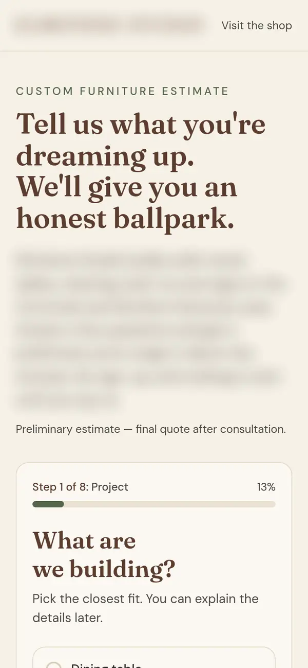 The estimate tool on a phone, showing step 1 of 8