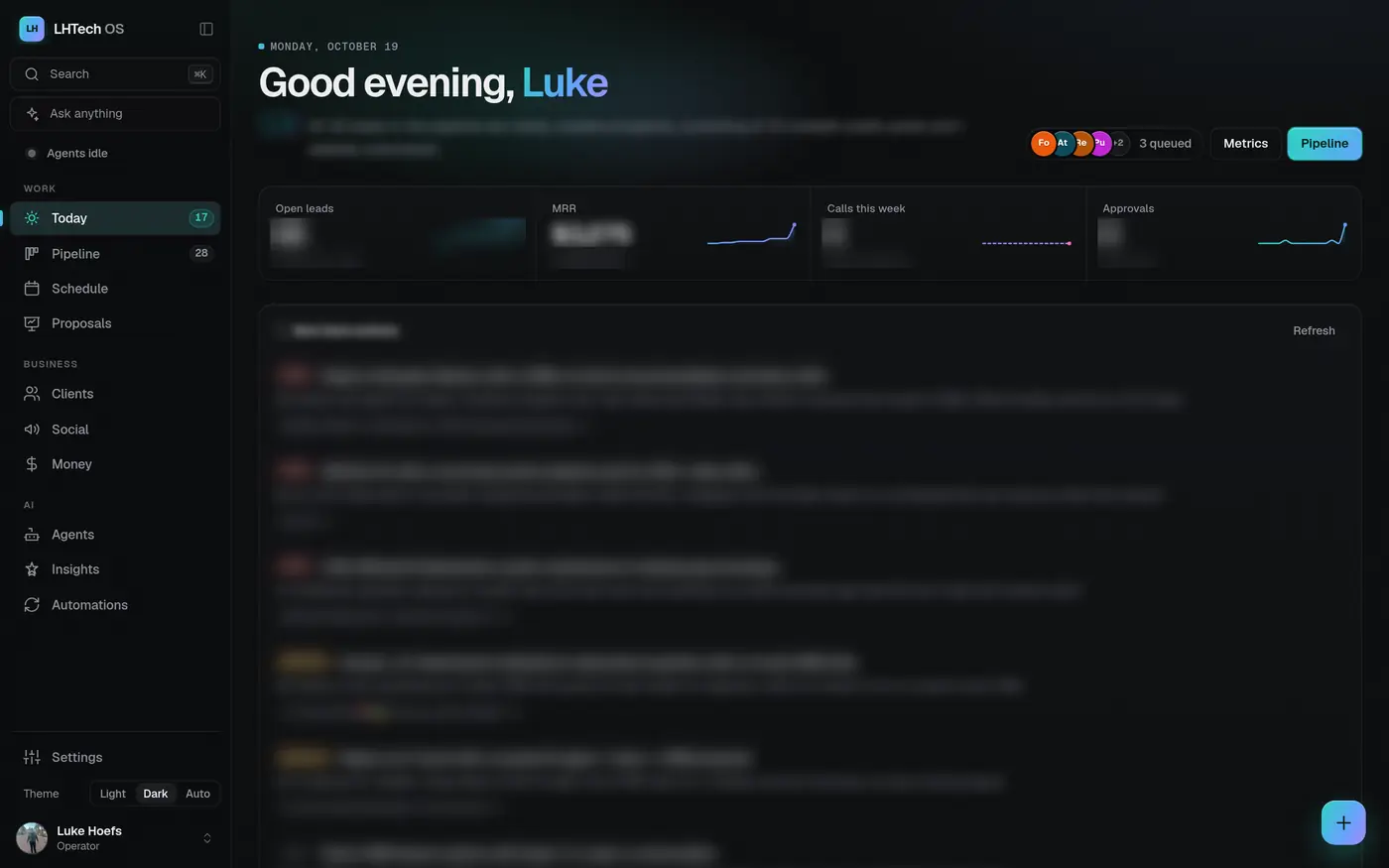 LHTech OS Today view: sidebar with Pipeline, Proposals, Clients, Social, Money, Agents and Insights, plus Search and Ask anything