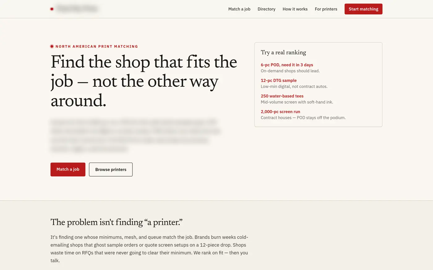 Print marketplace homepage: Find the shop that fits the job, with example job rankings
