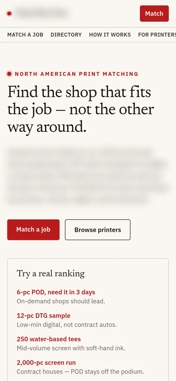 The print marketplace on a phone, with Match a job and Browse printers buttons